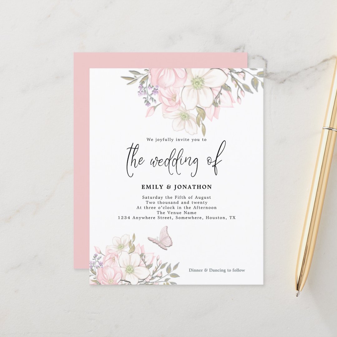 Budget Magnolia Butterfly Wedding Invitation Zazzle