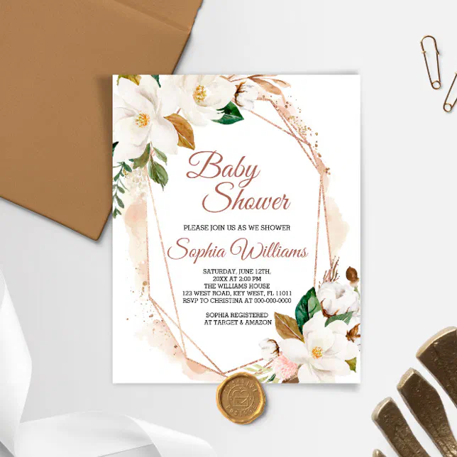 Budget Magnolia Flowers Baby Shower Invitation Zazzle