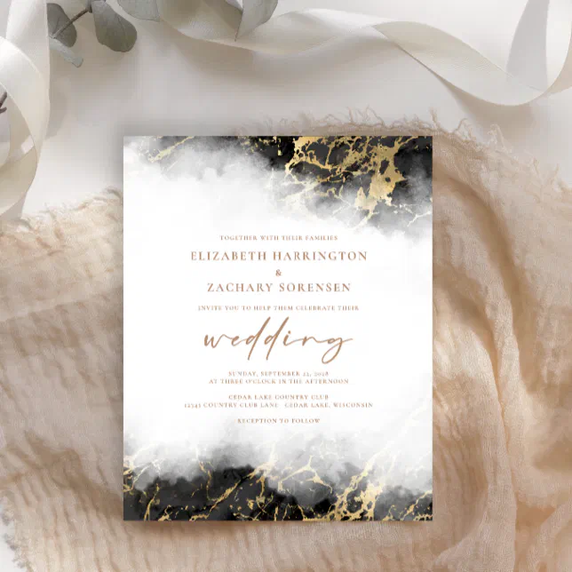 Budget Marble Black Gold Wedding Invitation | Zazzle