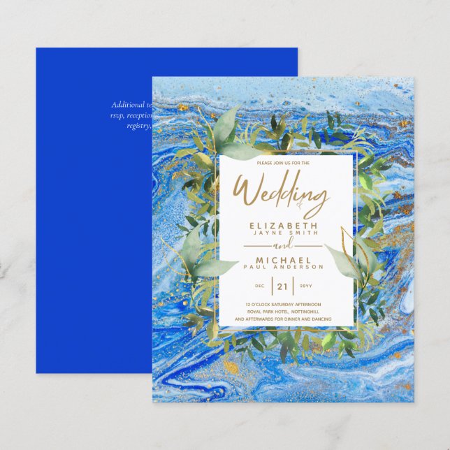 BUDGET Marble Blue Gold Greenery Wedding Invites (Front/Back)
