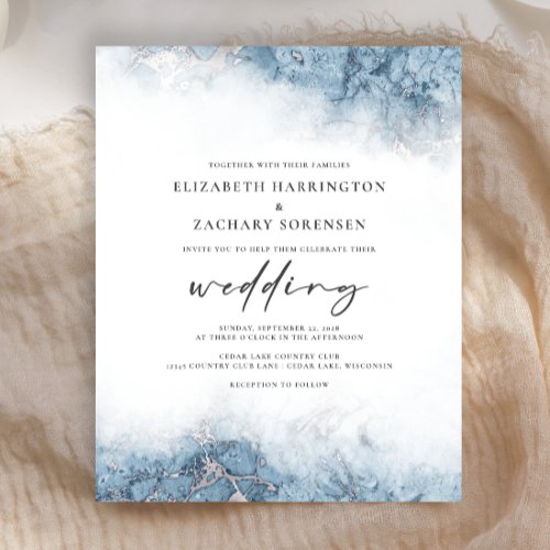 Budget Marble Blue Silver Wedding Invitation