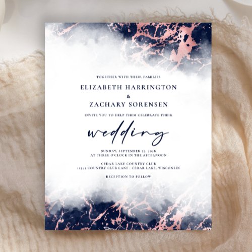 Budget Marble Navy Blue Rose Gold Wedding Invite