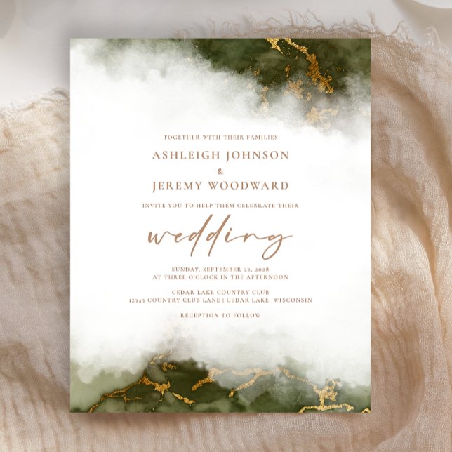 Budget Marble Olive Green Gold Wedding Invitation (Creator Uploaded)