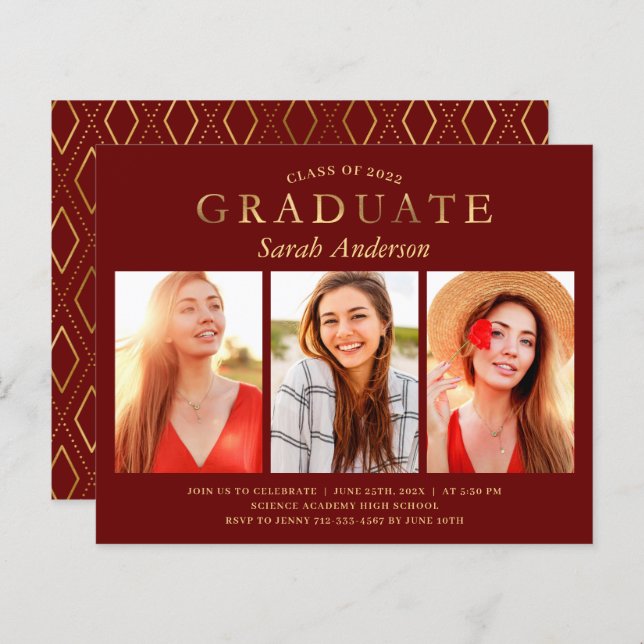 Budget Maroon Gold 3 Photo Graduation Invitations (Front/Back)