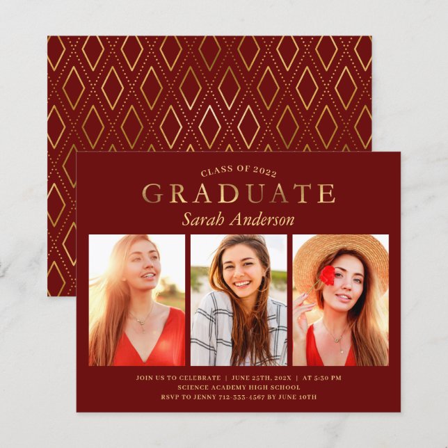 Budget Maroon Gold Photo Graduation Invitation (Front/Back)