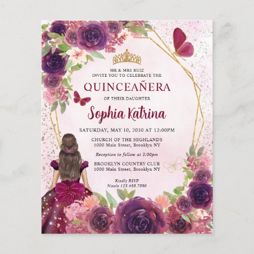 Budget Maroon Red Gold Floral Princess Quinceaera