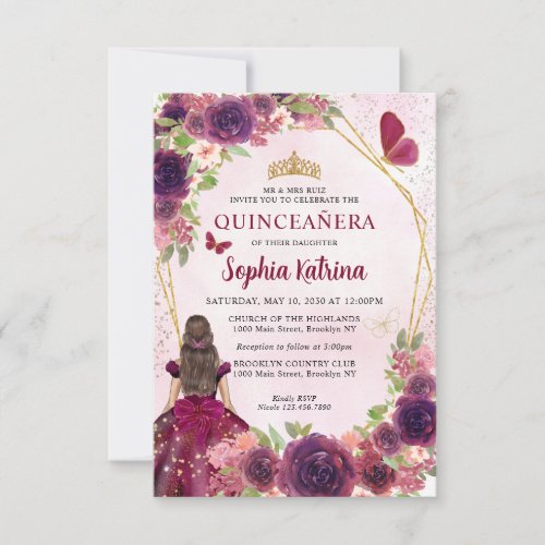 Budget Maroon Red Gold Floral Princess Quinceaera Note Card