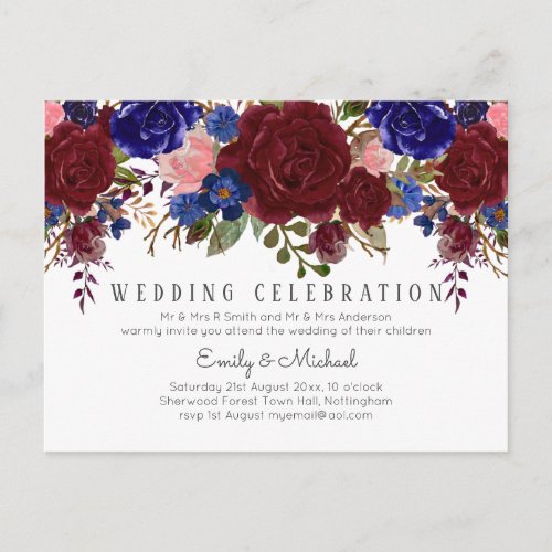 BUDGET Marsala Blue Pink Floral Wedding Invitation Postcard