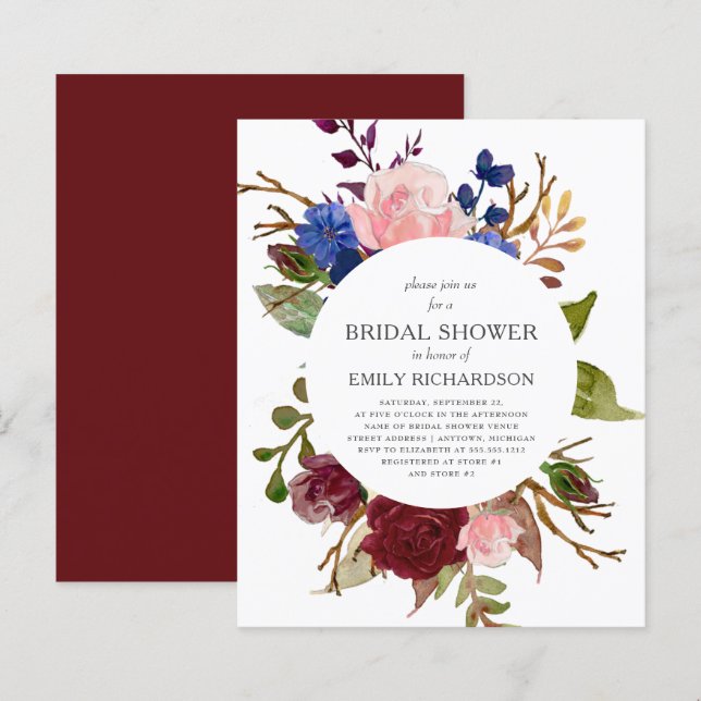 Budget Marsala Floral Bridal Shower Invitation (Front/Back)