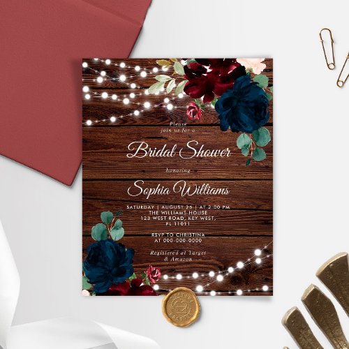 Budget Marsala  Navy Bridal Shower Invitation