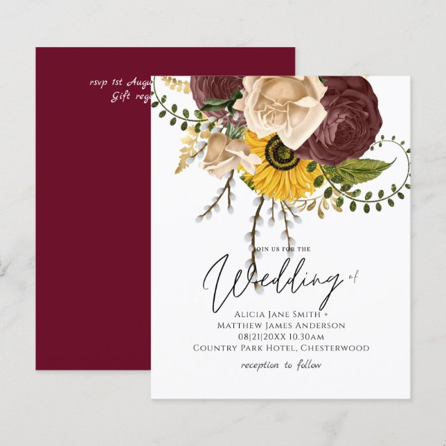 BUDGET Marsala Roses Sunflowers Wedding Invite (Front/Back)