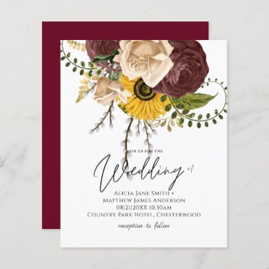 BUDGET Marsala Roses Sunflowers Wedding Invite