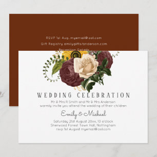 BUDGET Marsala Roses Sunflowers Wedding Invite