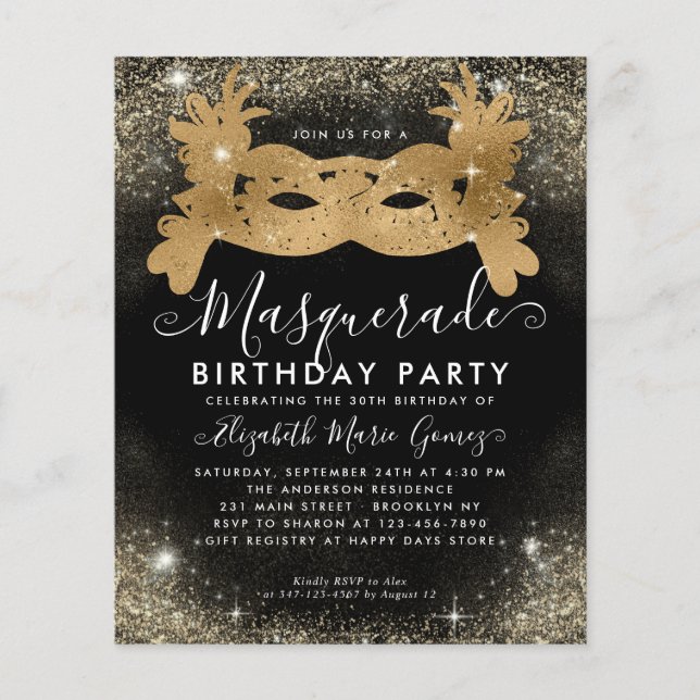 Budget Masquerade Black Gold Glam Glitter Birthday (Front)