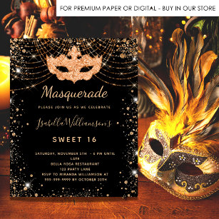 Budget masquerade black gold Sweet 16 invitation