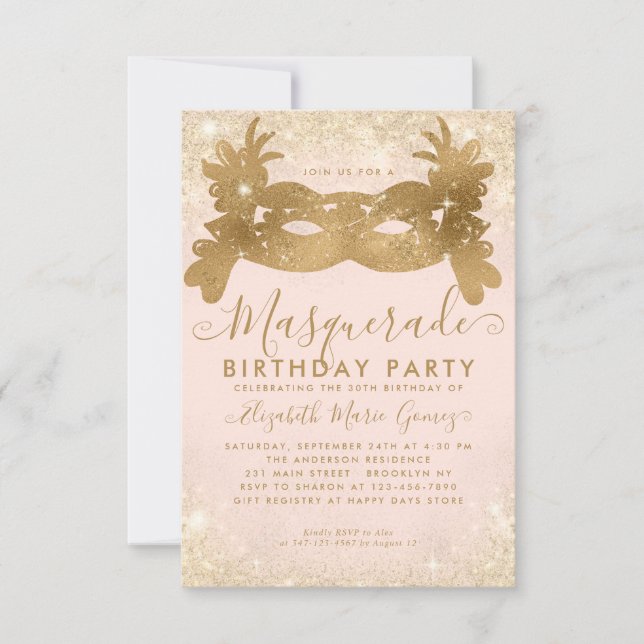 Budget Masquerade Blush Pink Gold Glitter Birthday Note Card (Front)