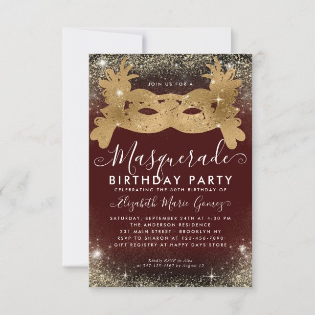 Budget Masquerade Burgundy Gold Glitter Birthday Note Card (Front)