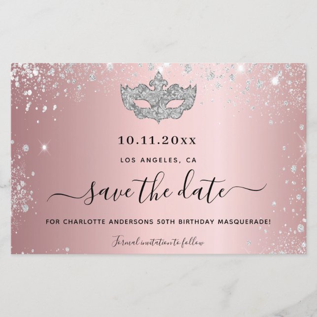 Budget masquerade party blush pink save the date (Front)