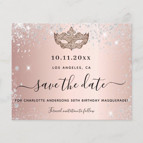 Budget masquerade party rose gold save the date