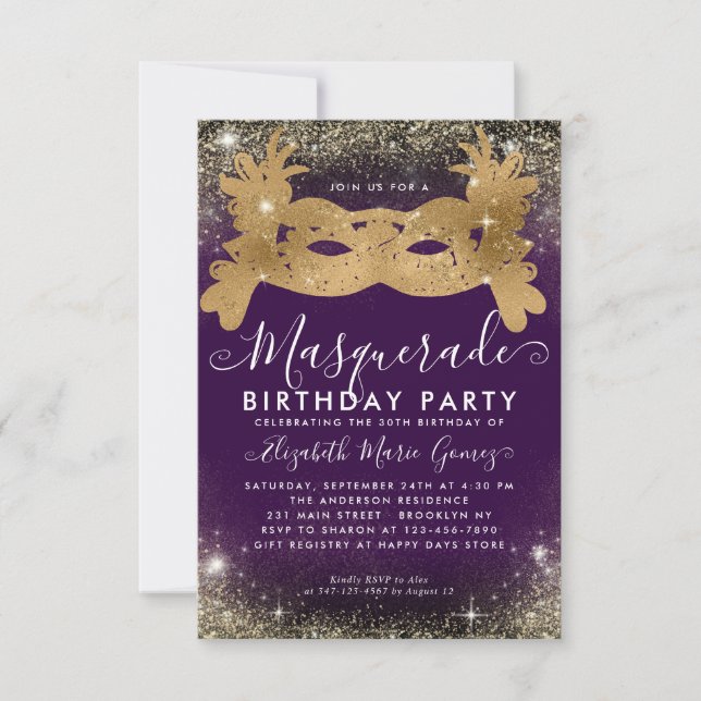 Budget Masquerade Purple Gold Glitter Birthday Note Card (Front)