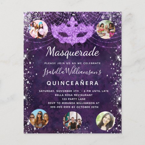 Budget Masquerade purple Quinceanera invitation