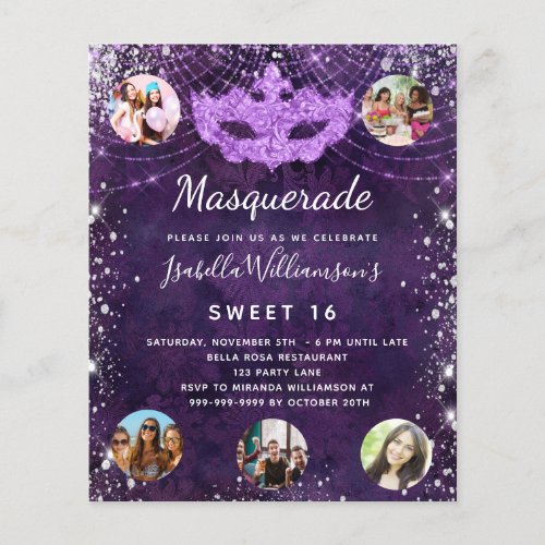 Budget Masquerade purple Sweet 16 invitation