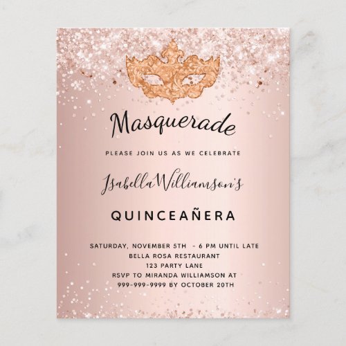 Budget Masquerade rose gold glitter Quinceanera