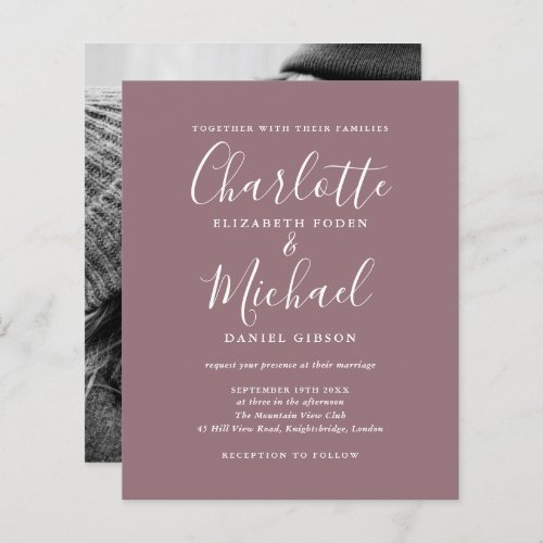 Budget Mauve Script Photo Wedding Invitation