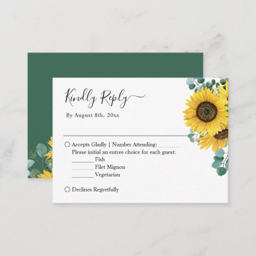 Budget Meal RSVP | Sunflower Eucalyptus Leaves Note Card - Sunflower Eucalyptus Leaves | Budget Wedding RSVP Reply Card. For further customization, please use Zazzle's design tool to modify this template. 