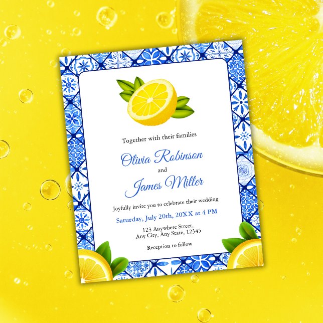 Budget Mediterranean Tile Lemon Wedding Invitation (Budget Mediterranean Italian Blue Tile - Lemon Wedding Invitation  )