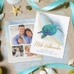 Budget Mele Kalikimaka Sea Turtle Beach Photo Card<br><div class="desc">Save money with these budget coastal themed Christmas cards, on a cheaper paper and slightly smaller size. The tropical beach design features a watercolor turquoise blue sea turtle on an abstract beach background with a faux gold glitter sparkly wave and Mele Kalikimaka script. On the back are 3 photo templates...</div>