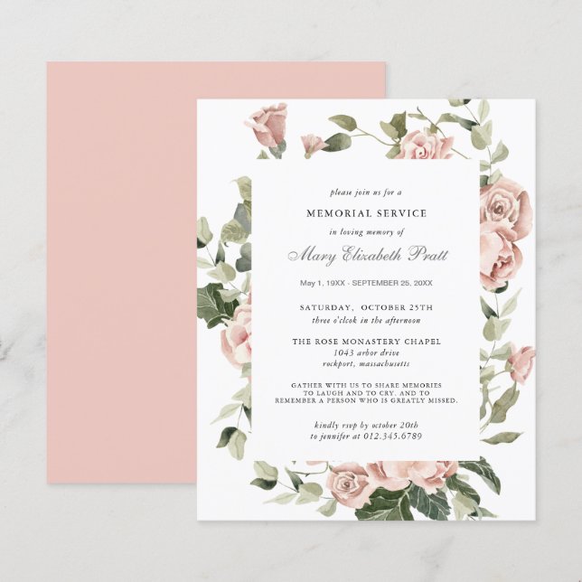Budget Memorial Service Pink Floral Invitation (Front/Back)