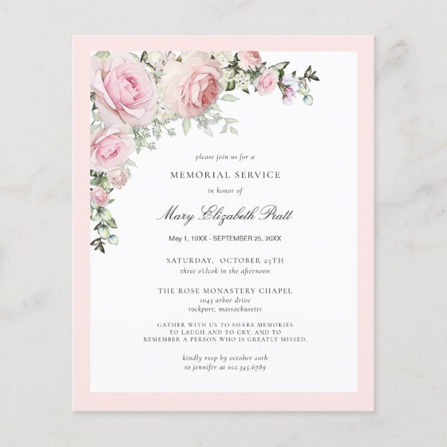 Budget Memorial Service Pink Floral Invitation (Front)