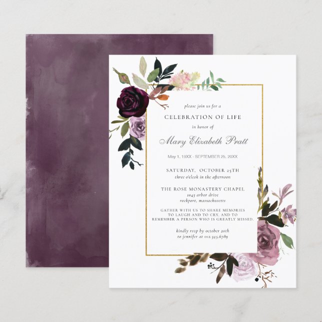 Budget Memorial Service Purple Floral Invitation (Front/Back)