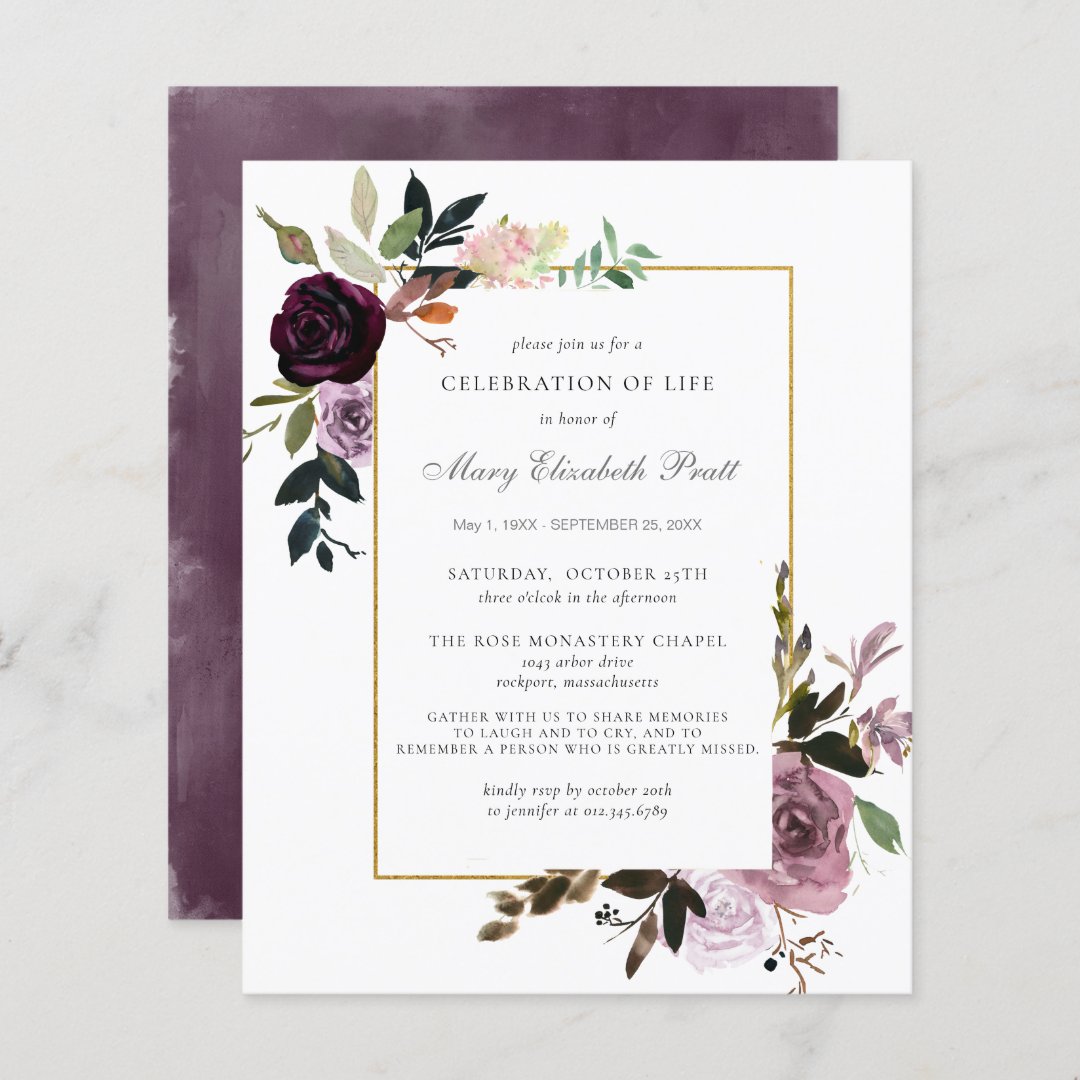 Budget Memorial Service Purple Floral Invitation | Zazzle