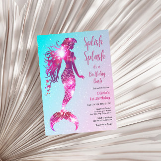 Budget Mermaid Baby Girl 1st Birthday Invitation 