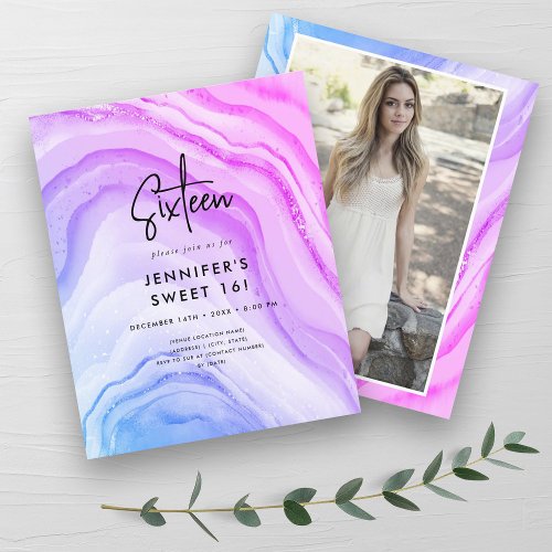 Budget Mermaid Ombre Marble Photo Sweet 16 Invite
