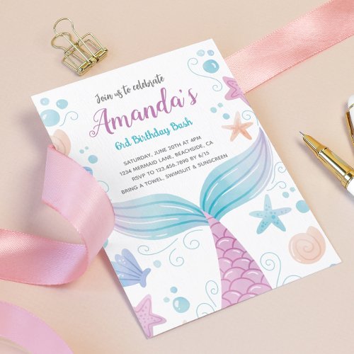 Budget Mermaid watercolor Birthday Invitation
