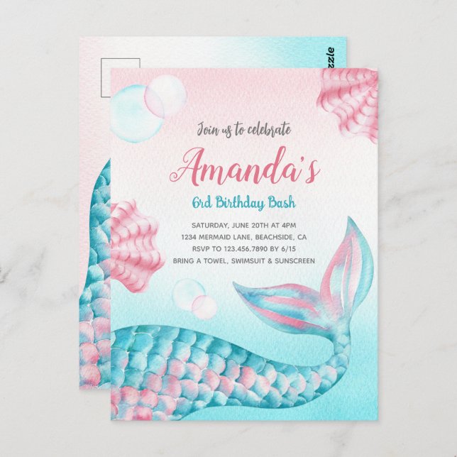 Budget Mermaid watercolor Birthday Invitation Postcard (Front/Back)