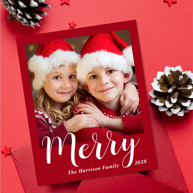 Budget Merry Christmas 4 Photo Red Holiday Card (Share the love and warmth of the holiday season with this personalized photo Christmas card)