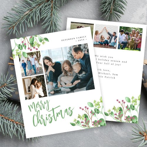 Budget Merry Christmas 6 photos green Holiday Card