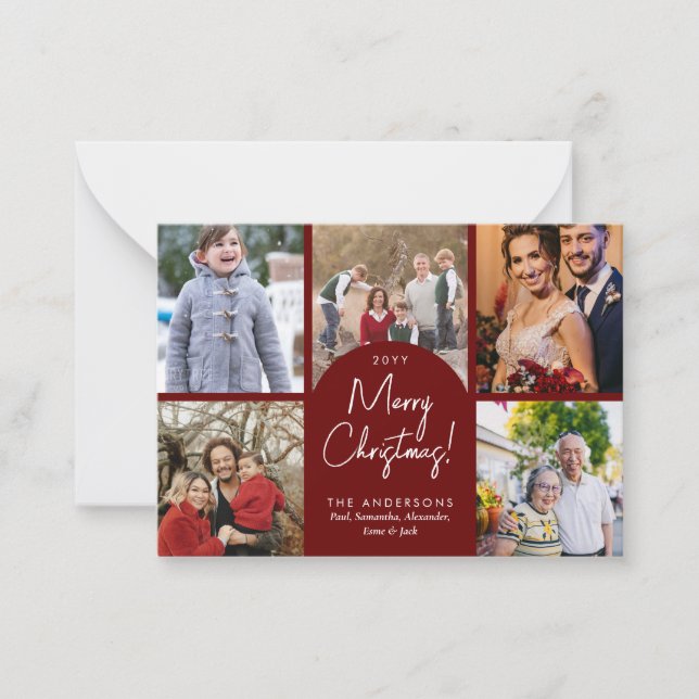 Budget Merry Christmas Arch 5 Family Photo Holiday Note Card (Front)
