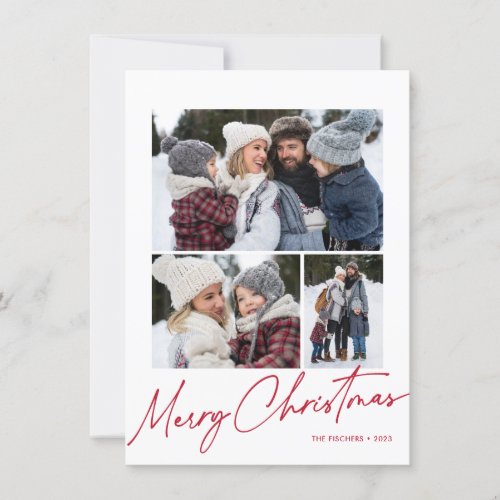 Budget Merry Christmas Calligraphy Simple 4 Photo Holiday Card