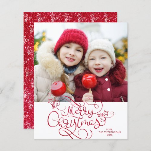 Budget Merry Christmas Faux Red Glitter Photo Card