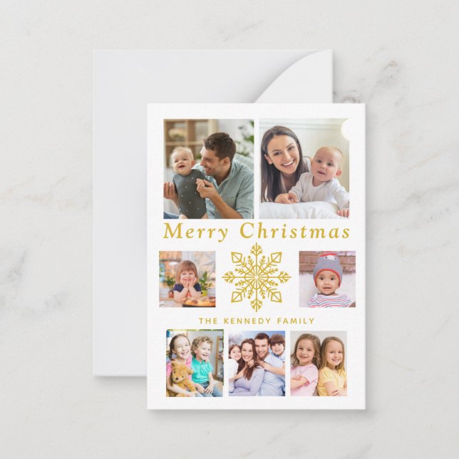 Budget Merry Christmas Gold Snowflake 7 Photo   Note Card (Front)
