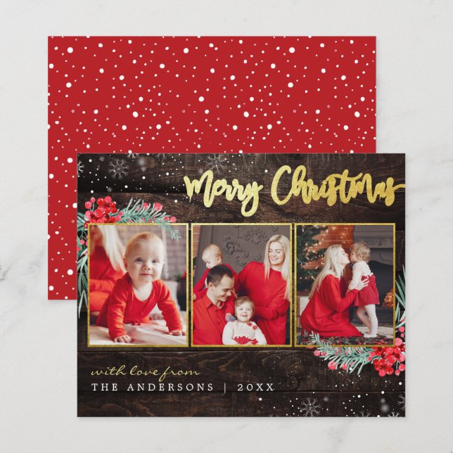 Budget Merry Christmas Gold Wood 3 Photo Collage (Front/Back)