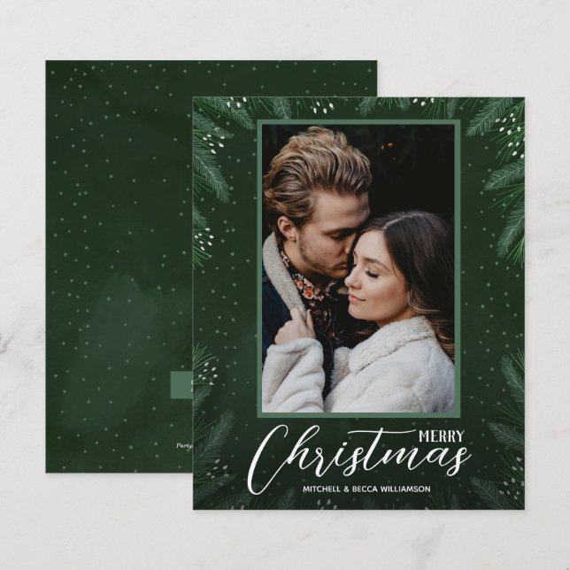 Budget Merry Christmas Greenery Photo Holiday Card (Front/Back)