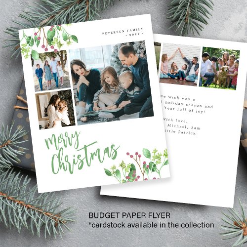 Budget Merry Christmas greenery photo Holiday Card Flyer