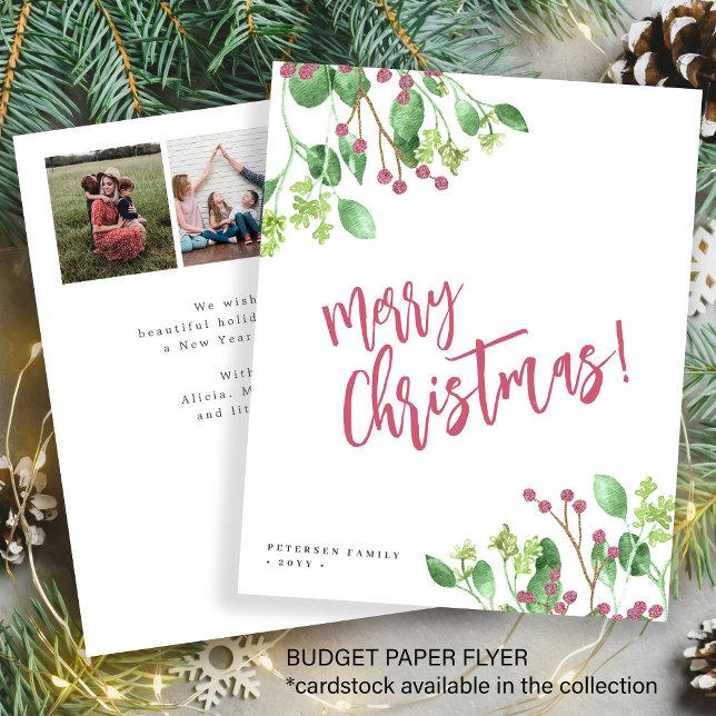 Budget Merry Christmas greenery photo Holiday Card Flyer (Creator Uploaded)
