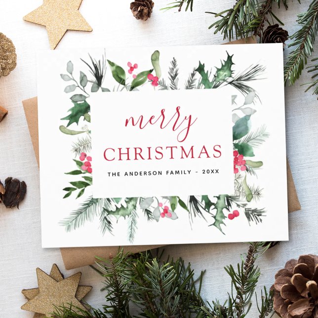 Budget Merry Christmas Greenery Red Holiday Card (Creator Uploaded)